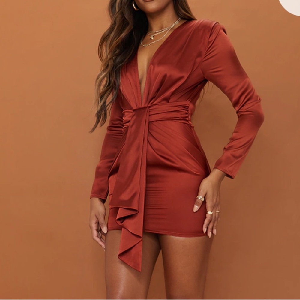 Prettylittlething Satin Long Sleeve Dress - Picture 1 of 8